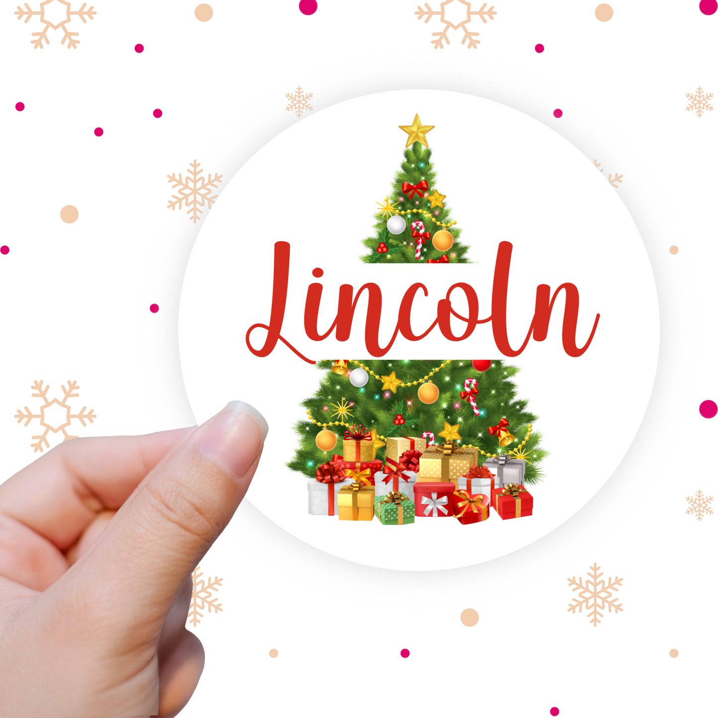 Custom christmas stickers for gifts. Split Christmas tree design with personalised name in centre.