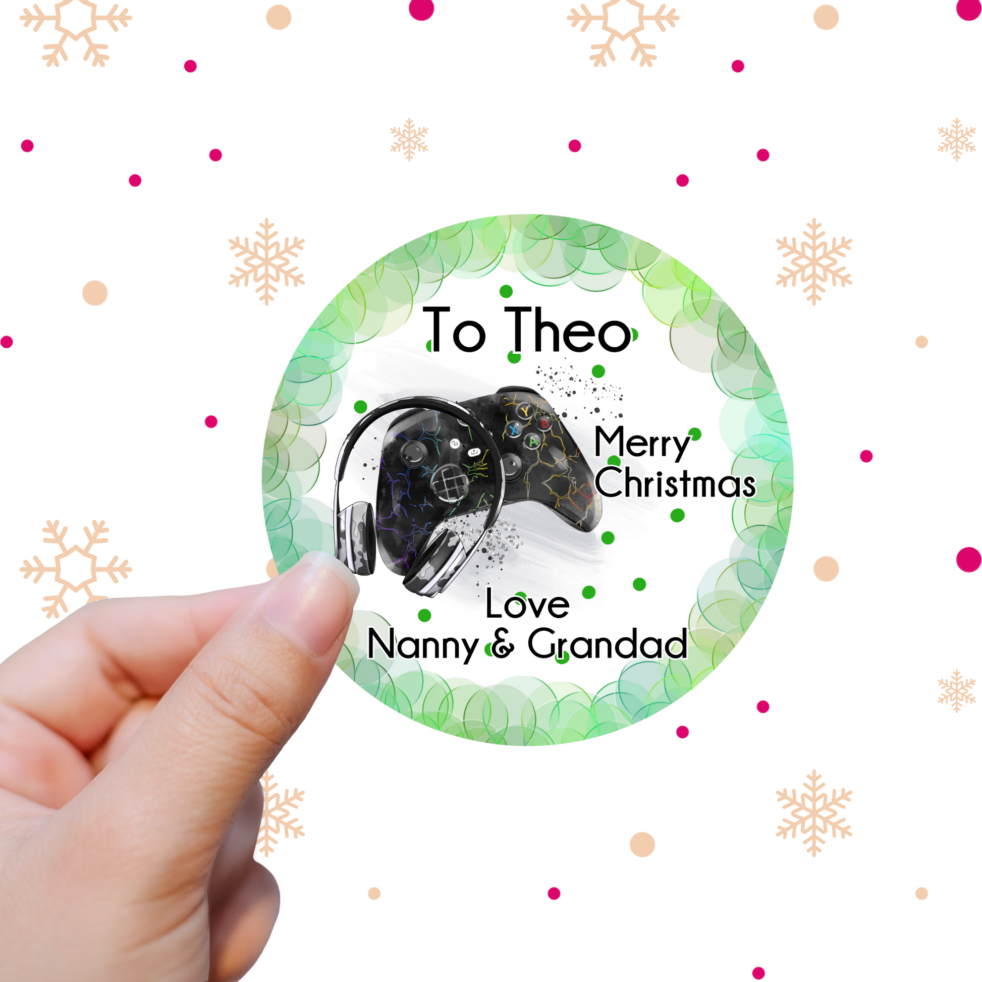 Custom Christmas stickers with Xbox controller and wreath. Personalised with names