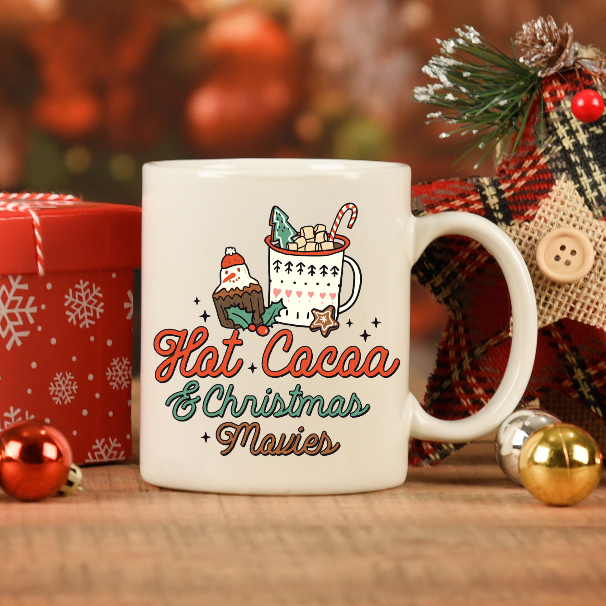 Christmas Hot Chocolate Mug with "Hot Cocoa & Christmas Movies" design, perfect for holiday season.