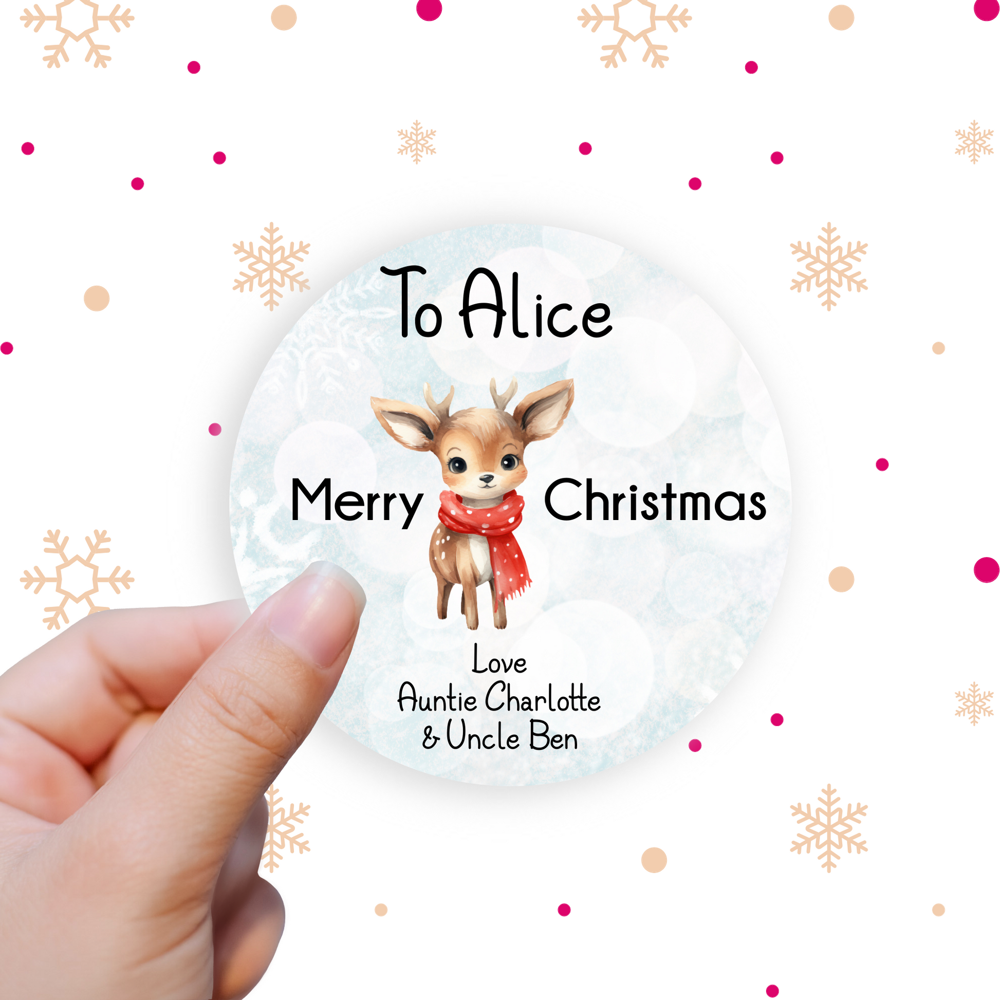 Personalised Name Christmas Gift Sticker, featuring a cute reindeer design and snowflake background