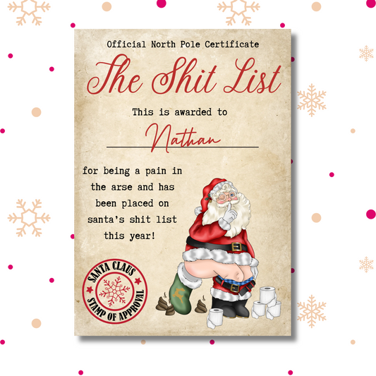 Santa’s Personalised Shit List Certificate