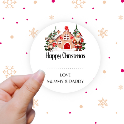 Christmas sticker with Santa, reindeer and gingerbread house. Custom from name and space for recipient