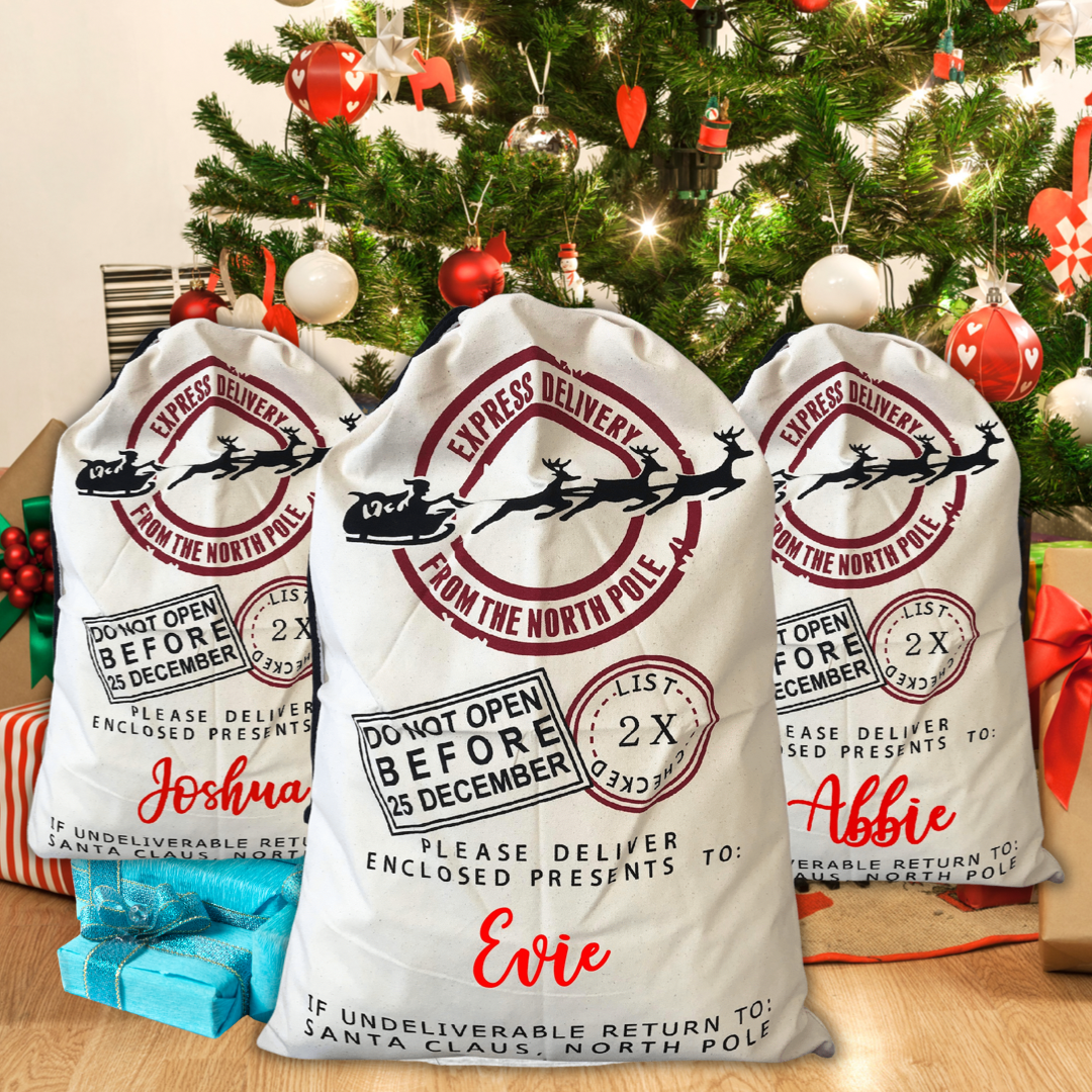 Personalised Santa Sacks -Stockings | Little Gifts Co. Large Santa sacks/stockings come personalised with your child’s name in red writing £12